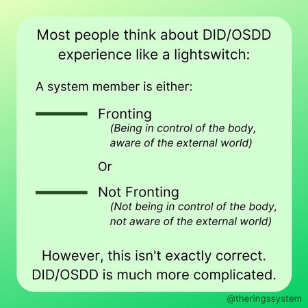 Most people think about DID/OSDD experience it like a light switch: Fronting (being in control and aware) vs Not Fronting (not being in control and not being aware). However, this isn't exactly correct. DID/OSDD is much more complicated.